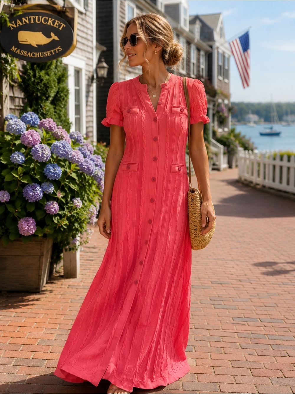 Sandro Coral Button-Front Maxi Dress